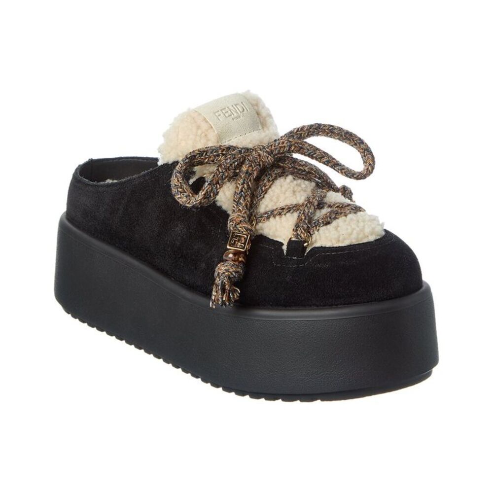 Fendi Apres Chic Suede & Shearling Sabot Mule, Black